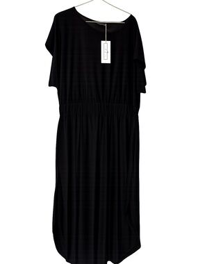Bon Apple Tea Black Maxi Dress with Elasticized Waist and Short Sleeves